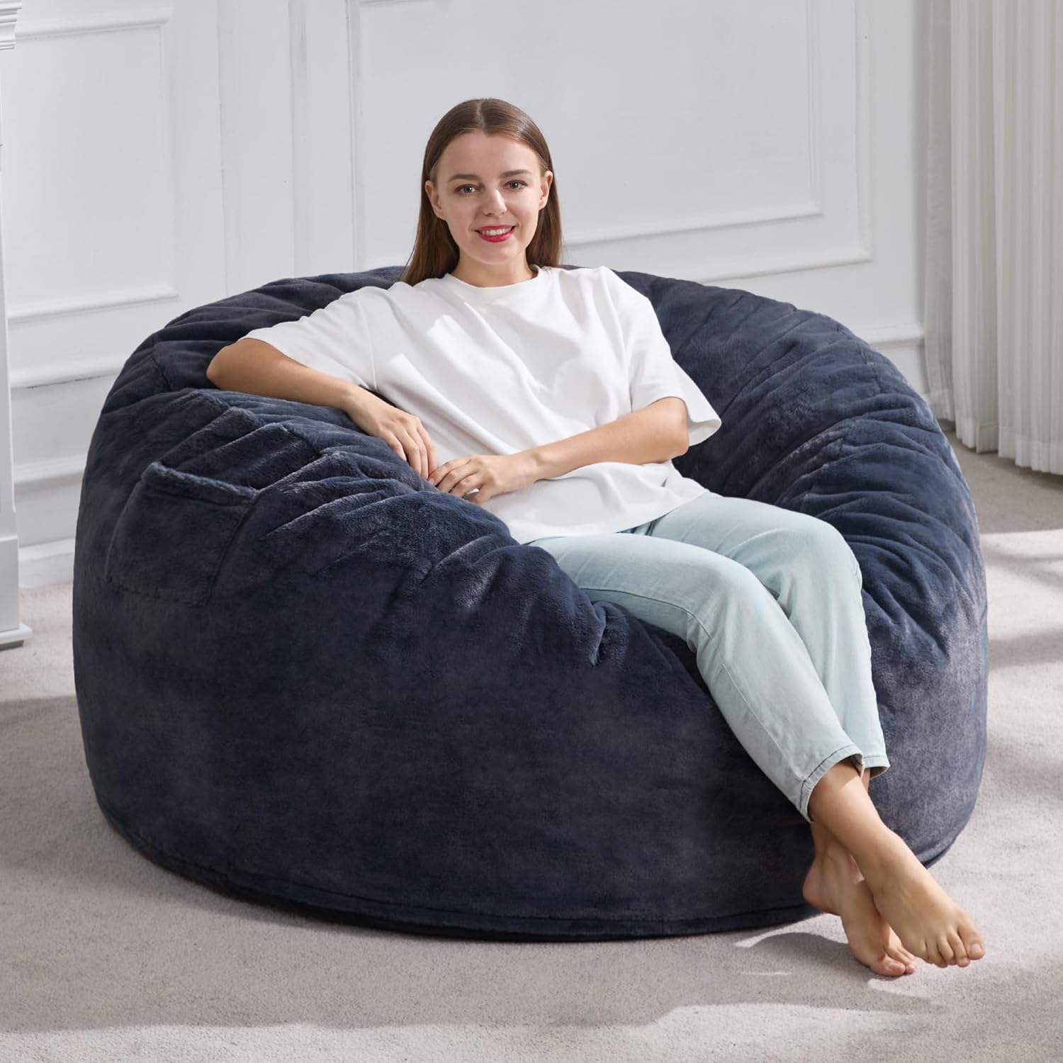 Bean Bag Chairs for Adults Beanbag Chair with Plush Faux Fur Cover Large Bean Bag Chair Big Bean Bag Chair for Living Room Bedroom Dorm (Grey, 5FT)