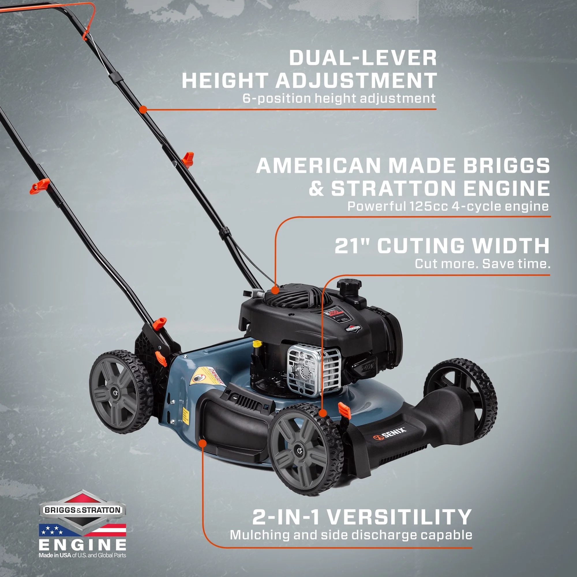 2026 SENIX 21-Inch Push Lawn Mower, 125 cc 4-Cycle Gas Powered, Mulch & Side Discharge, Dual Lever Height Adjustment, LSPG-M3