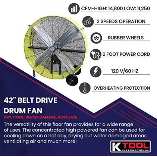 2026 K Tool International 42′′ Belt Drive Drum Fan; Industrial, Garage, Shop, High Speed 2-Speed, Durable, Cut-Off Protection, Easy Mobility Rubber Wheels; SAFETY YELLOW KTI77743