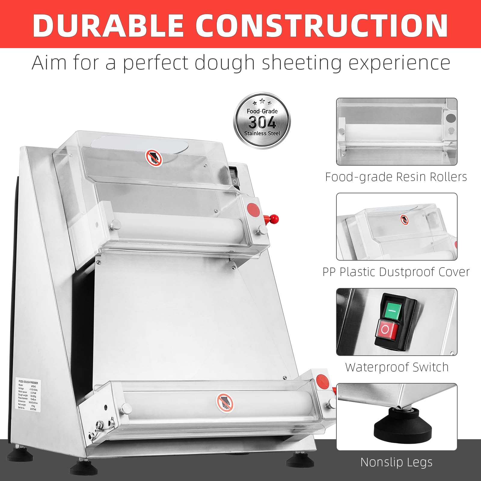 Commercial Pizza Dough Roller Sheeter, Max 16, Automatic 370W Electric Pizza Dough Roller, Stainless Steel, Suitable for Noodle, Pizza Bread and Pasta Maker Equipment