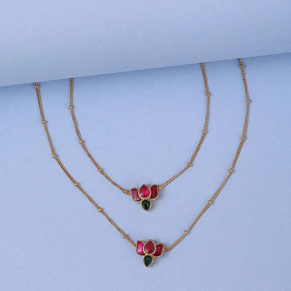 925 Sterling Silver Kundan Lotus Anklet ( Pair)