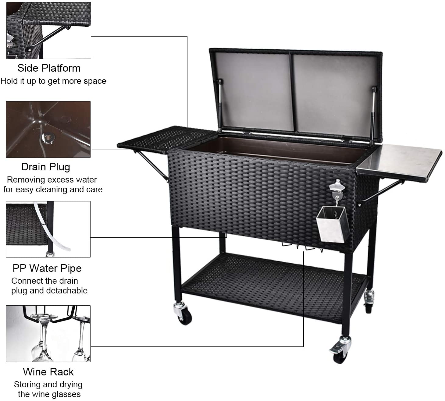 2026 80 Quart Rattan Rolling Cooler Cart, Portable Wicker Cooler Trolley, Backyard Party Drink Beverage Bar