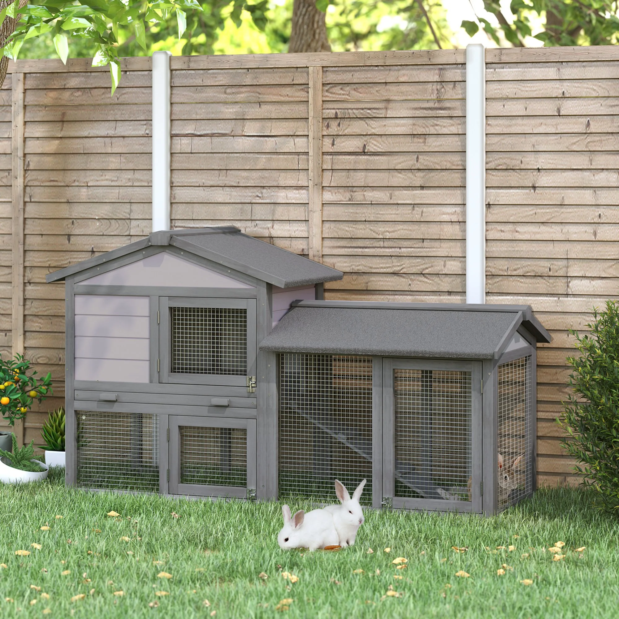 PawHut Two-Level Outdoor Guinea Pig & Rabbit Cage with Tall Mesh Fence and Removable Roof