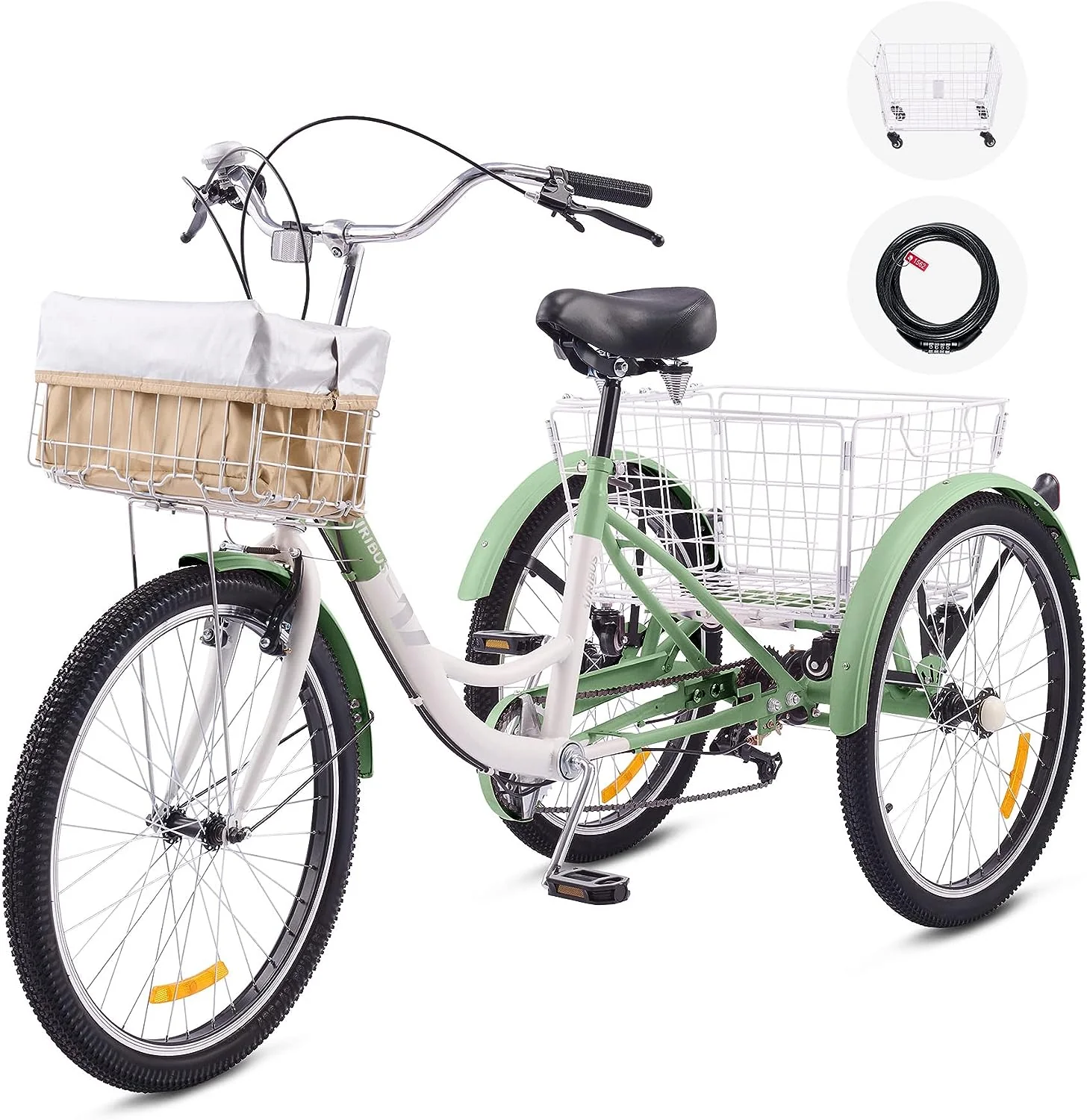 Tricycle 7-Speed, 24′′ Wheels, High Carbon Steel Frame, Front & Rear Baskets, Adjustable Saddle