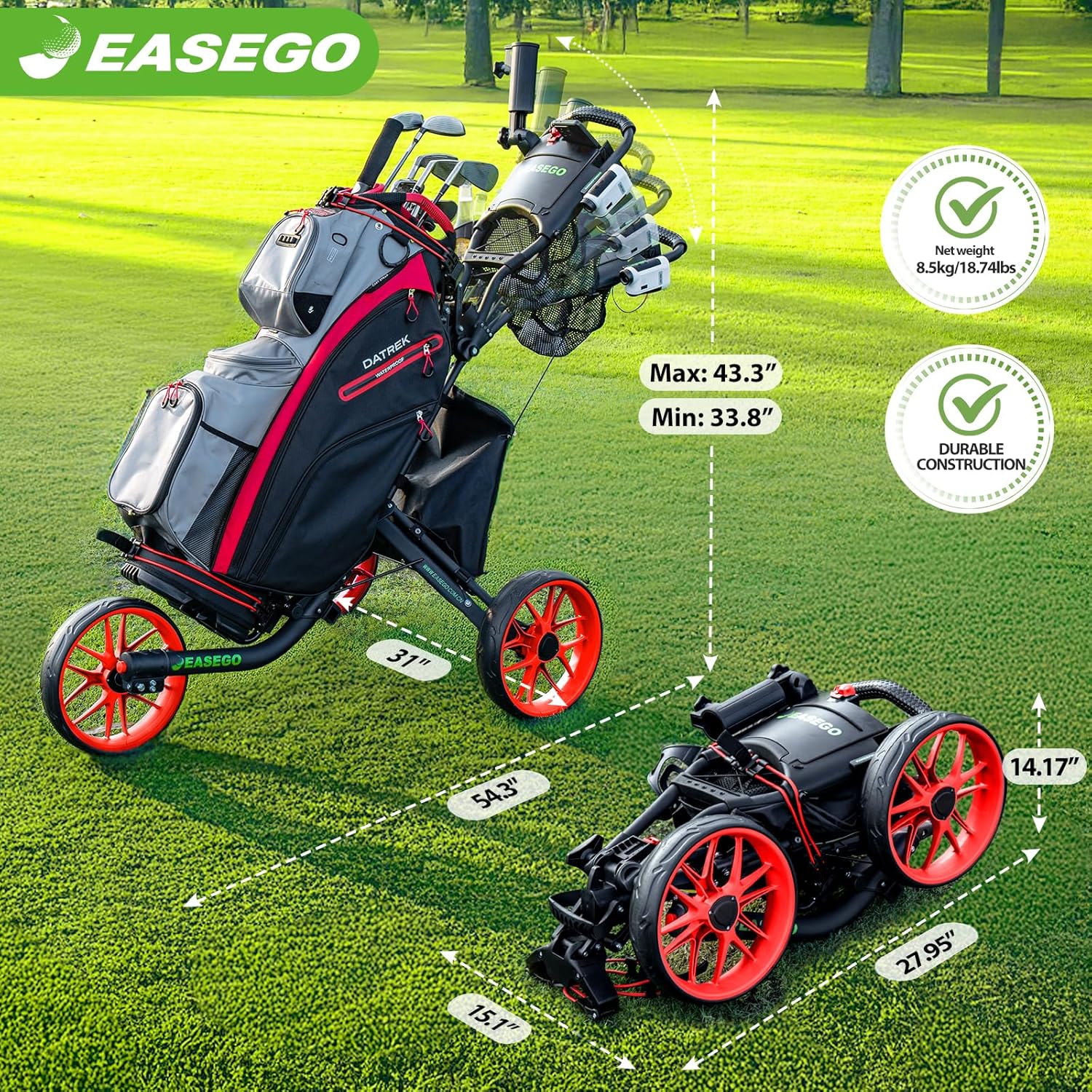 ‎Golf Push Cart 3 Wheel – Foldable Caddy with Holders