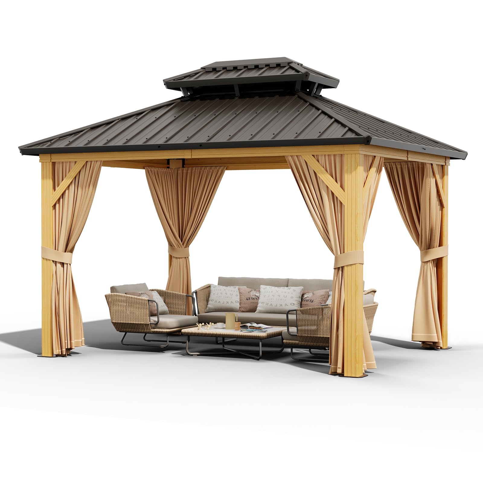 10X13 FT Outdoor Galvanised Steel Hardtop Gazebo, Heavy Duty Double Roof Outdoor Gazebo with Netting and Sunshade Curtains, Aluminium Framed Gazebo for Patio, Terrace, Lawn and Deck, Khaki