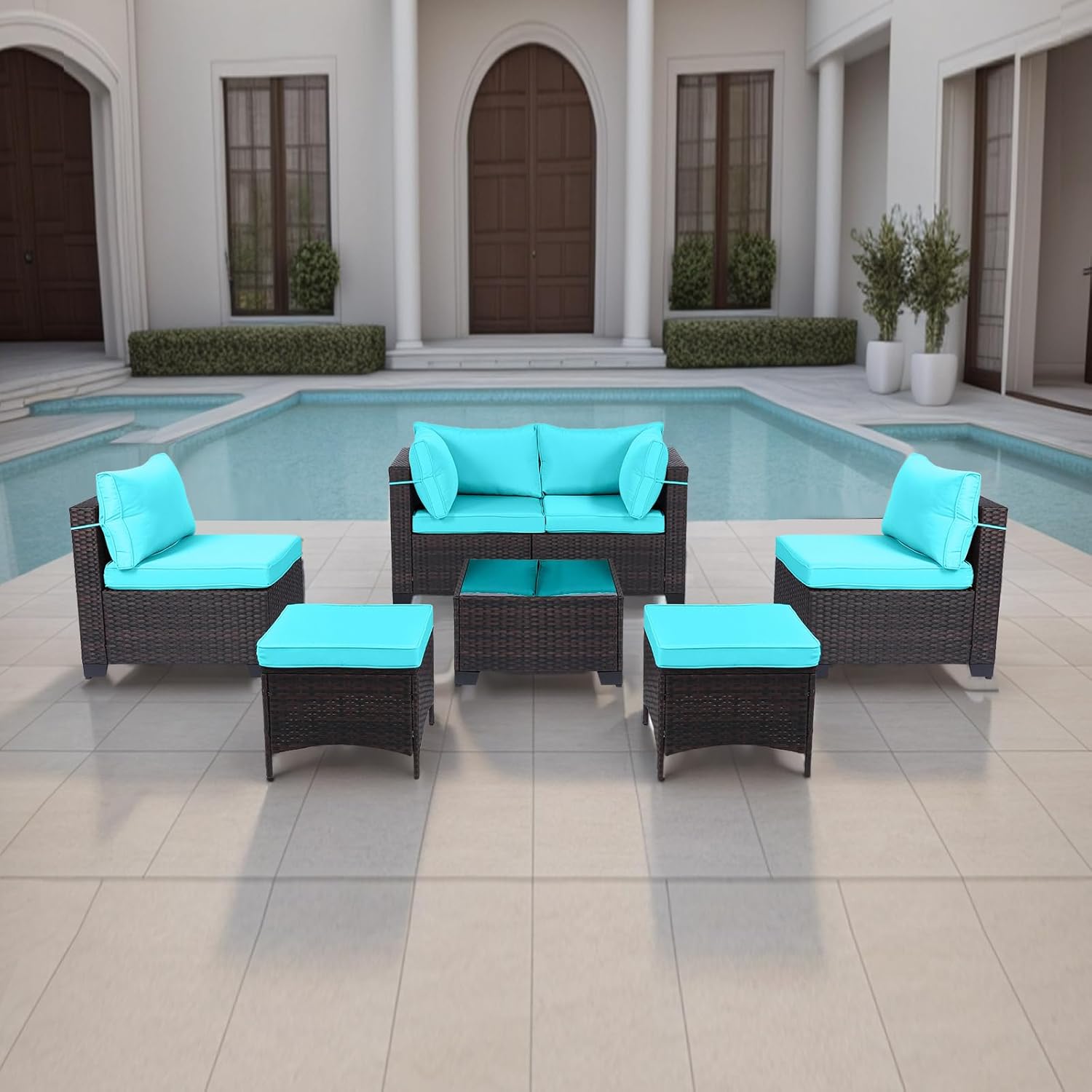 7 Pieces Rattan Patio Furniture Set with Tea Table