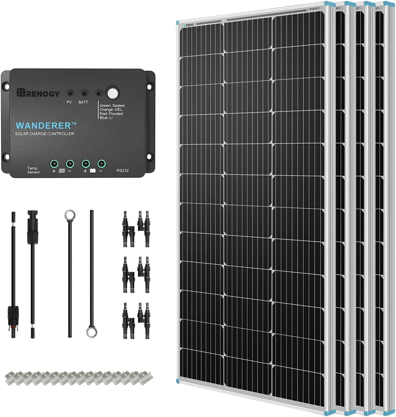 400 Watt 12 Volt Premium 4 Pcs 100W Panel+40A MPPT Charge Controller+ Bluetooth Module Fuse+ Mounting Z Brackets+Adaptor Kit +Tray Cables Set, 400W, Grid 12V Solar Power System