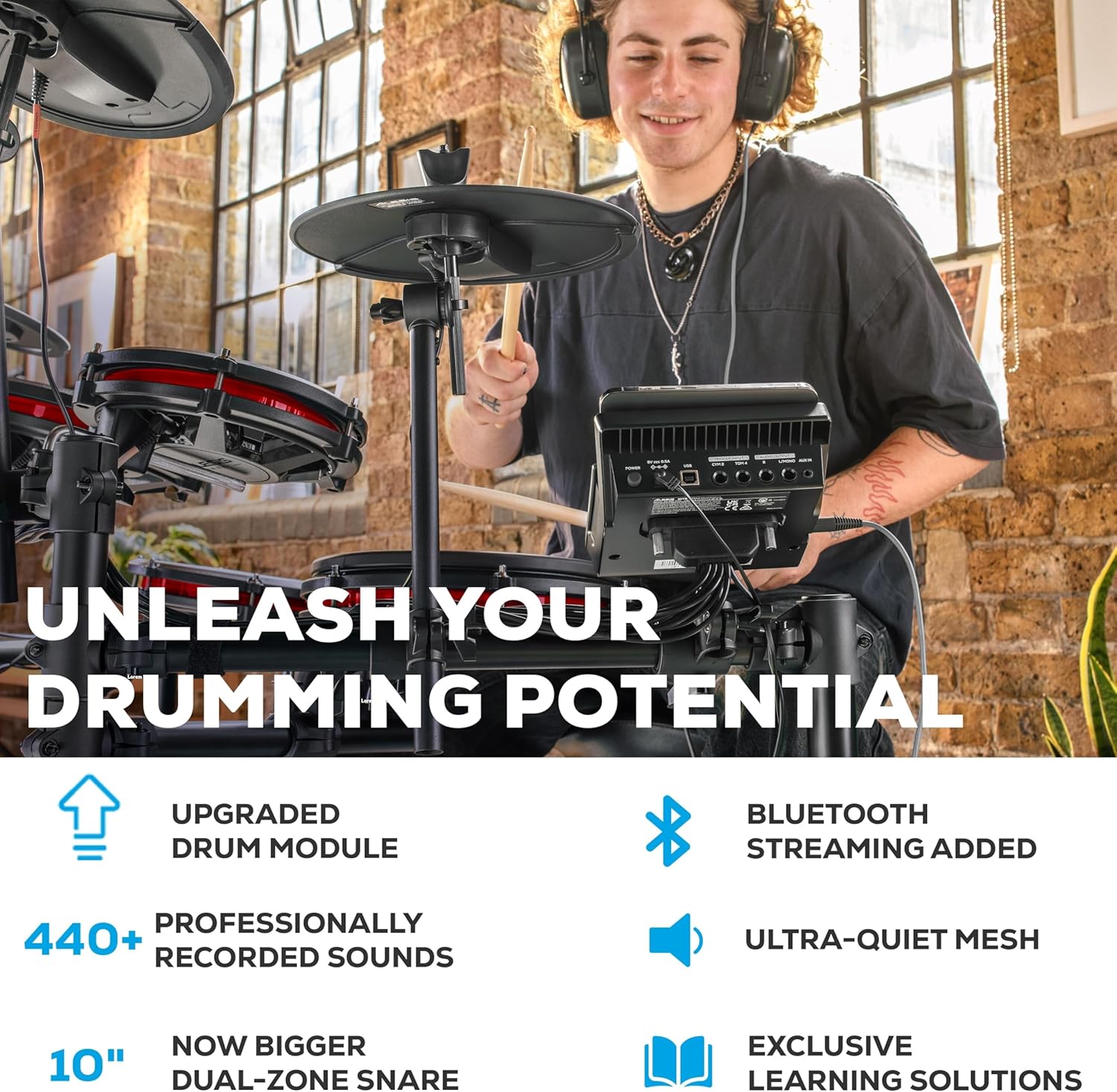 Max Electric Drum Set with Mesh Pads & Bluetooth