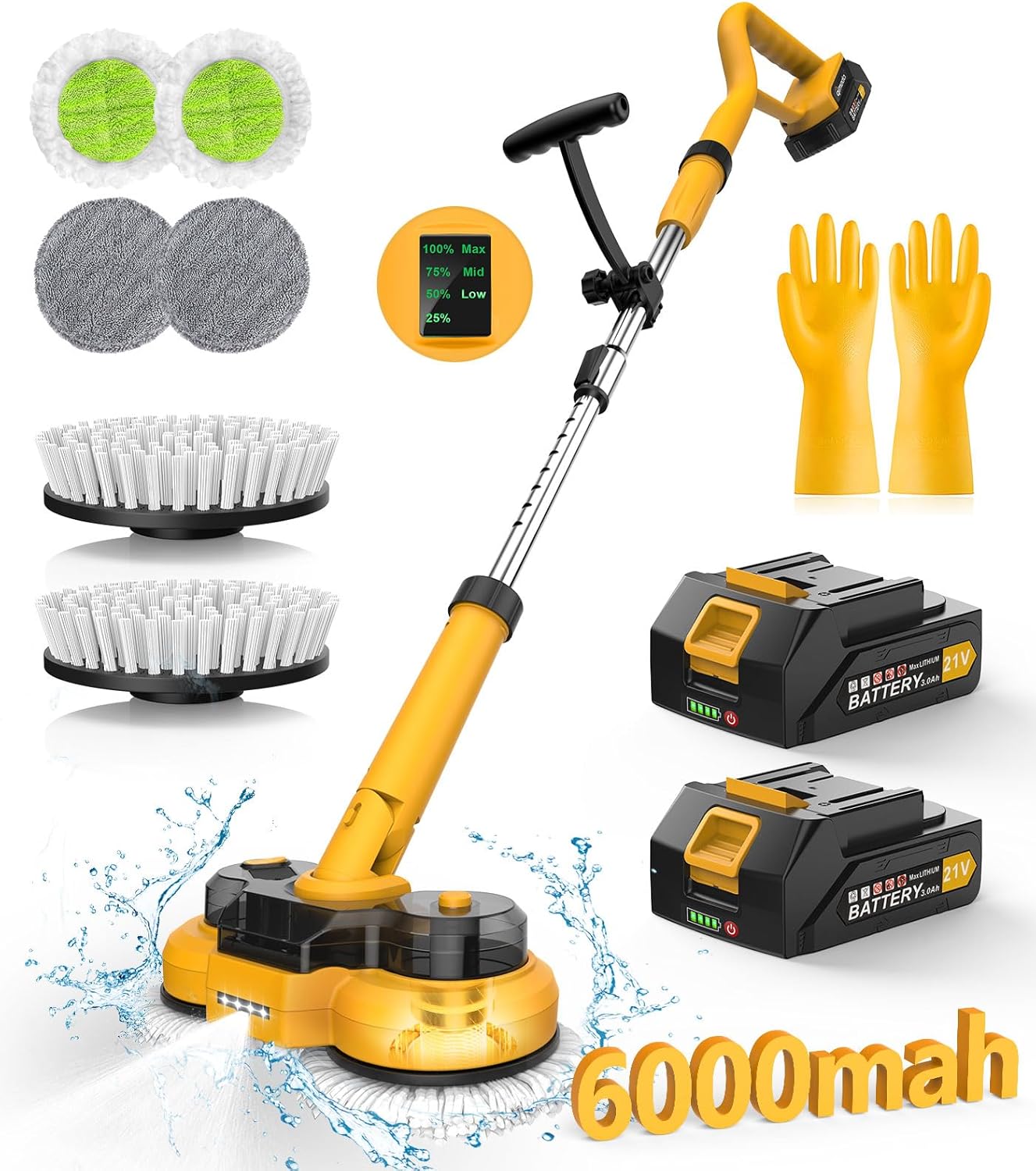 6000mAh Battery Electric Mop M1. 800RPM Cordless Electric Power Scrubber & Mops for Floor Cleaning. Best Automatic Spin Mops with Smart Display.Rotating Mop with LED Light & Water Spray-qimedo