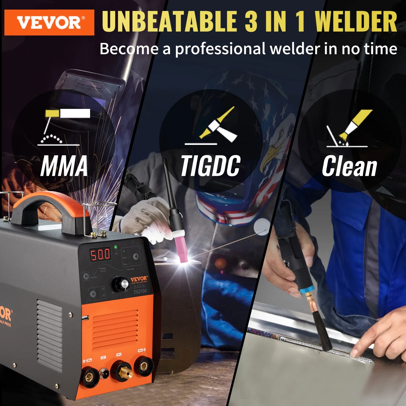 VEVOR TIG Welder, 210Amp 3 in 1, 110/220V Dual Voltage HF TIG/Stick/Clean Welding Machine w/ USB, IGBT Inverter & Torch, Digital Arc Welder for Stainless Steel, Iron, Mild Steel, Copper, and Nickel