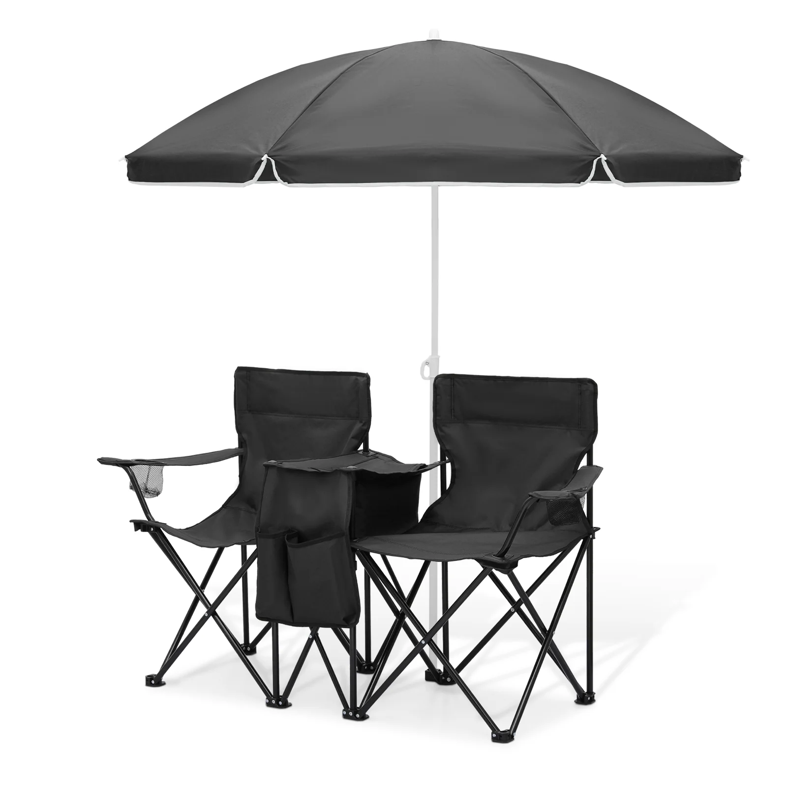 2026 Magshion Portable Double Folding Chair with Removable Umbrella, Cooler Bag & Carry Bag, for Beach Camping Picnic, Black