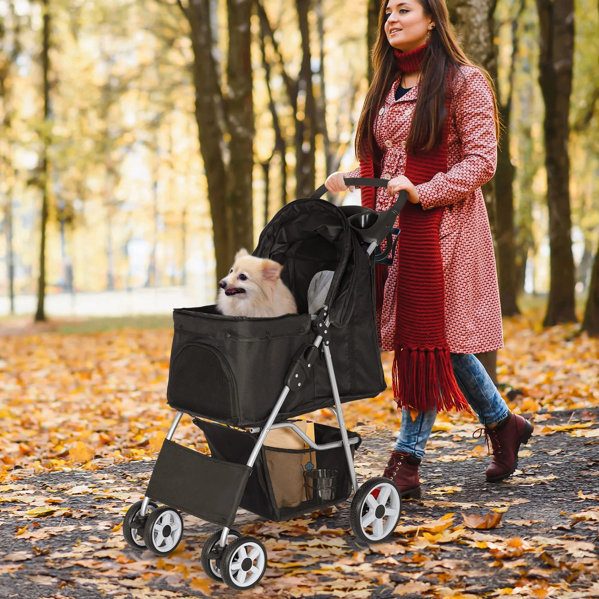 2026 Pet Stroller 4 Wheels Dog Cat Stroller for Small Medium Dogs Cats Foldable Puppy Stroller with Storage Basket and Cup Holder