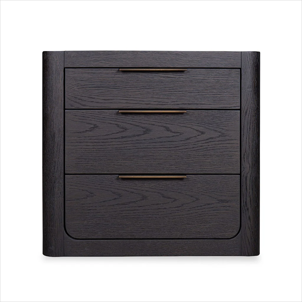Luna Nightstand – Contemporary Charcoal Stained White Oak with Three Drawers and Bronze Handles
