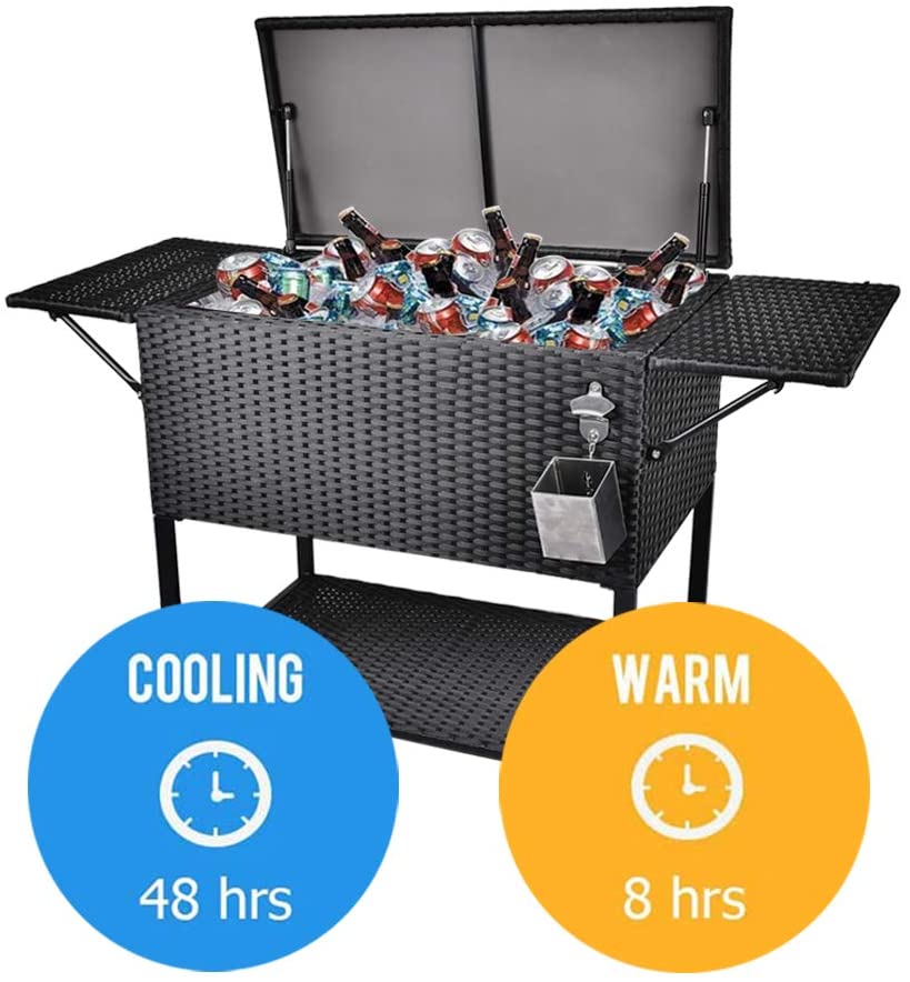 2026 80 Quart Rattan Rolling Cooler Cart, Portable Wicker Cooler Trolley, Backyard Party Drink Beverage Bar