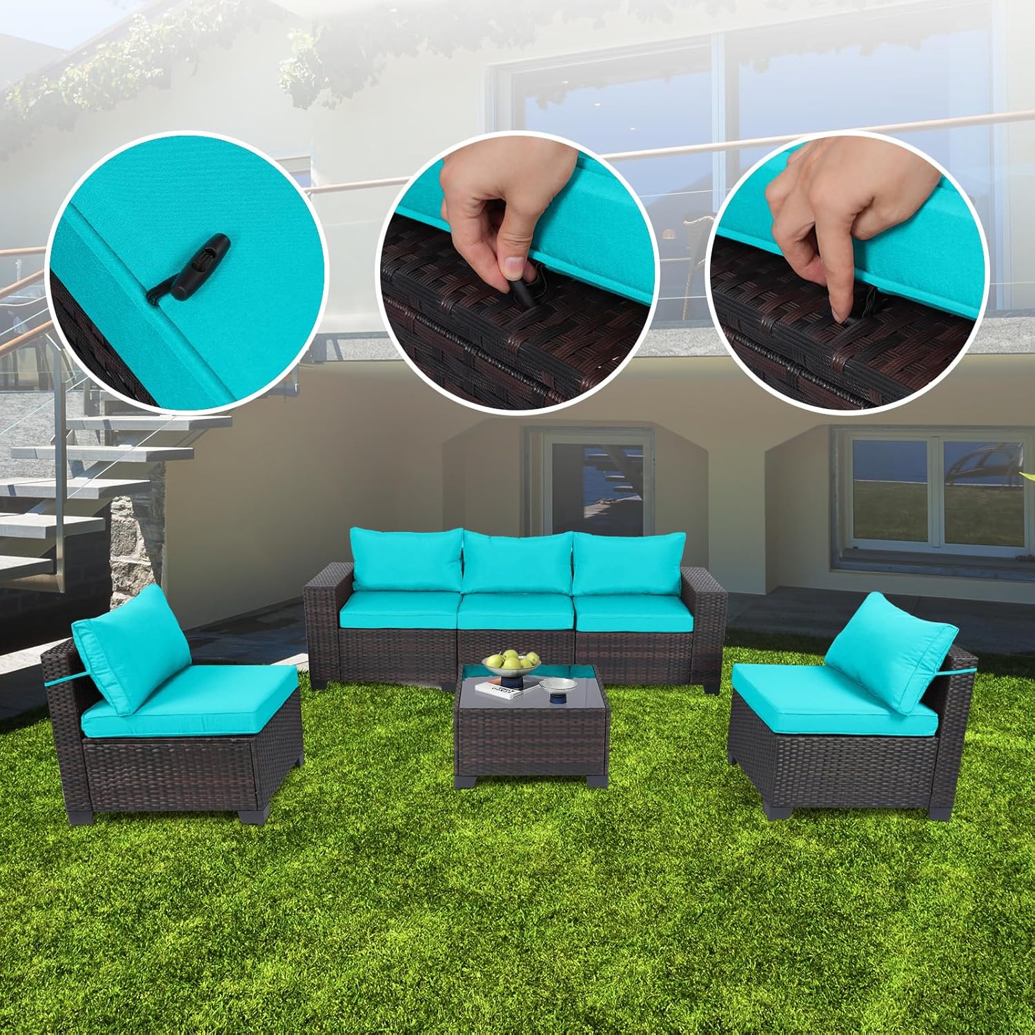 7 Pieces Rattan Patio Furniture Set with Tea Table