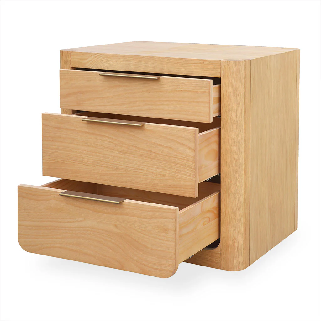 Luna Nightstand – Natural White Oak with Three Drawers and Bronze Handles