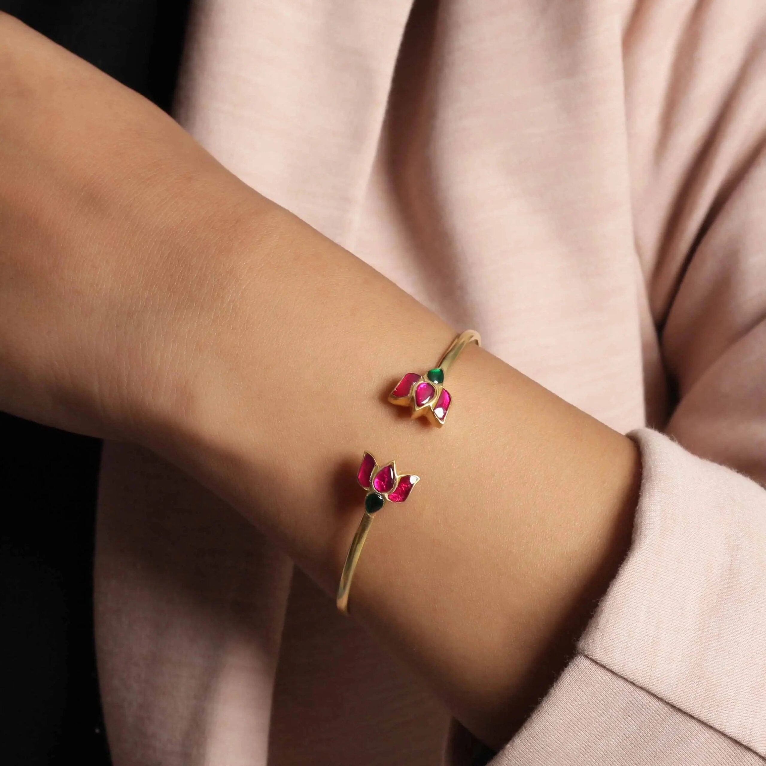 925 Sterling Silver Silver Lotus Kundan Bangle