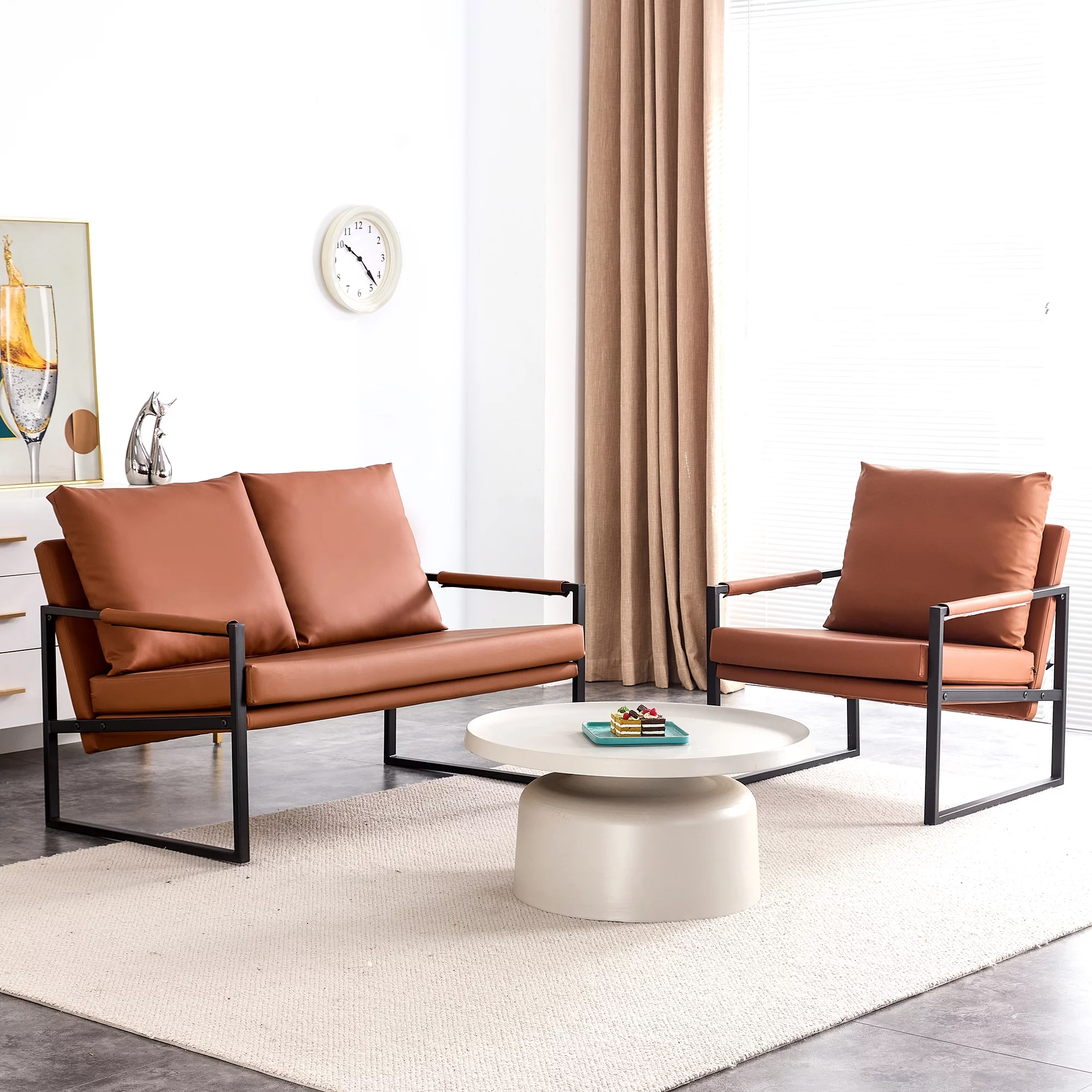 2026 Wasait modern two-seater sofa chair with 2 pillows-PU leather, high-density foam, black coated metal frame. Brown SF-D008