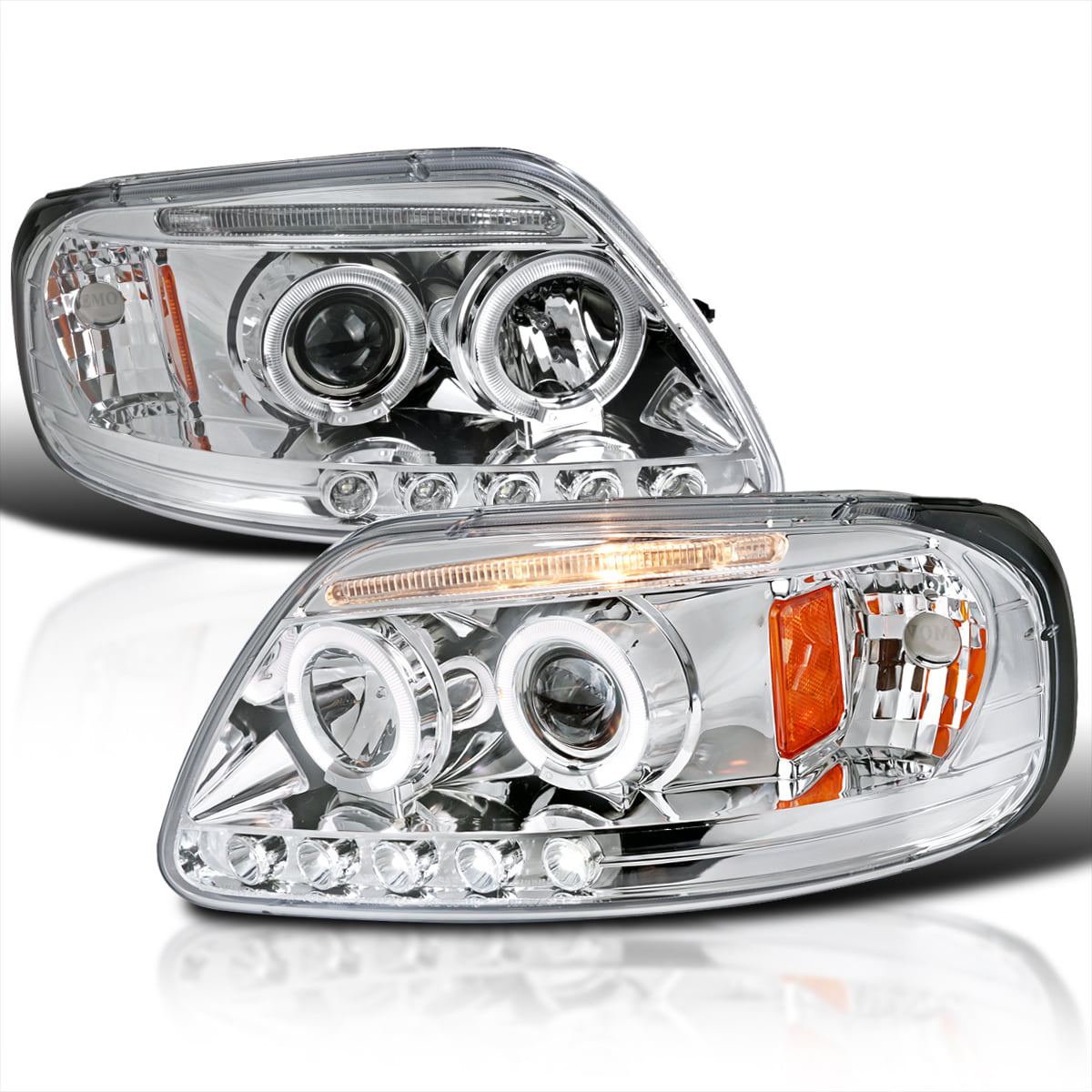 Spec-D Tuning Chrome Housing Clear Lens Projector Headlights Compatible with 1997-2003 Ford F150, 2004 Ford F150 Heritage, 1997-2002 Ford Expedition, Left + Right Pair Headlamps Assembly