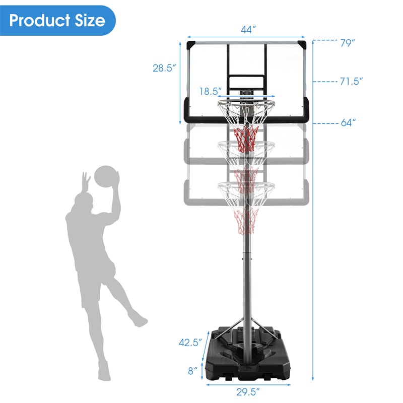 2026 Portable Outdoor Basketball Hoop 64’’-79’’ Adjustable Poolside Basketball Goal System with 44