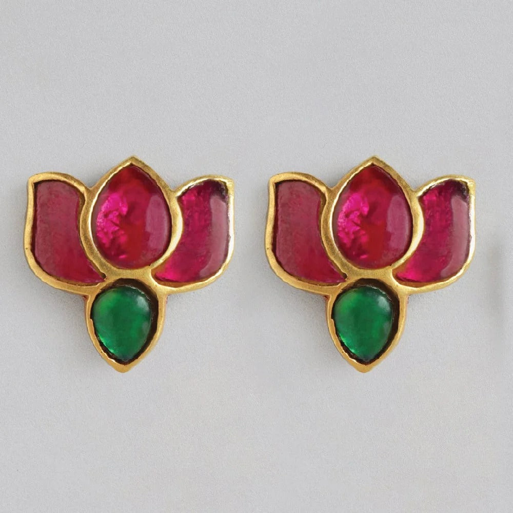 92.5 Sterling Silver Kundan Lotus Stud Earrings