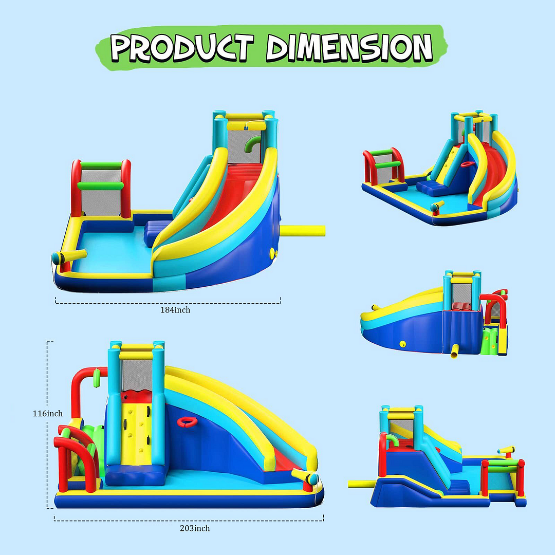 Kids Outdoor Inflatable Bouncers Water Slide Pool with Long Slide Climbing Wall, Including Stakes (with 450W Air Blower)