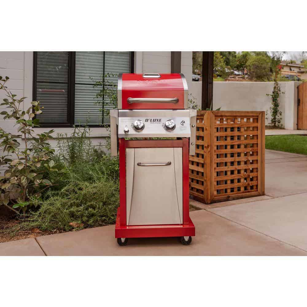 2-Burner Propane Gas Grill, Red – Stainless Steel, 28,000 BTUs, Compact Design