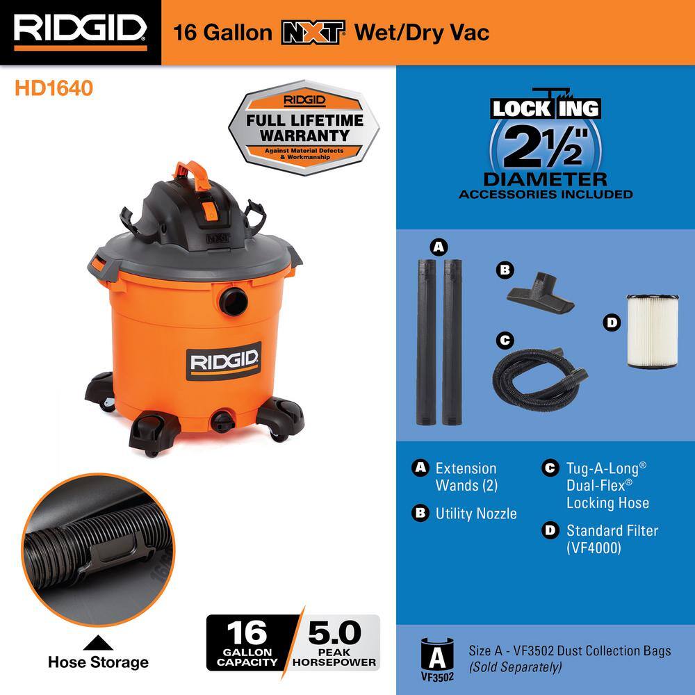 RIDGID 16 Gallon 5.0 Peak HP NXT WetDry Shop Vacuum with Filter Locking Hose and Accessories HD1640