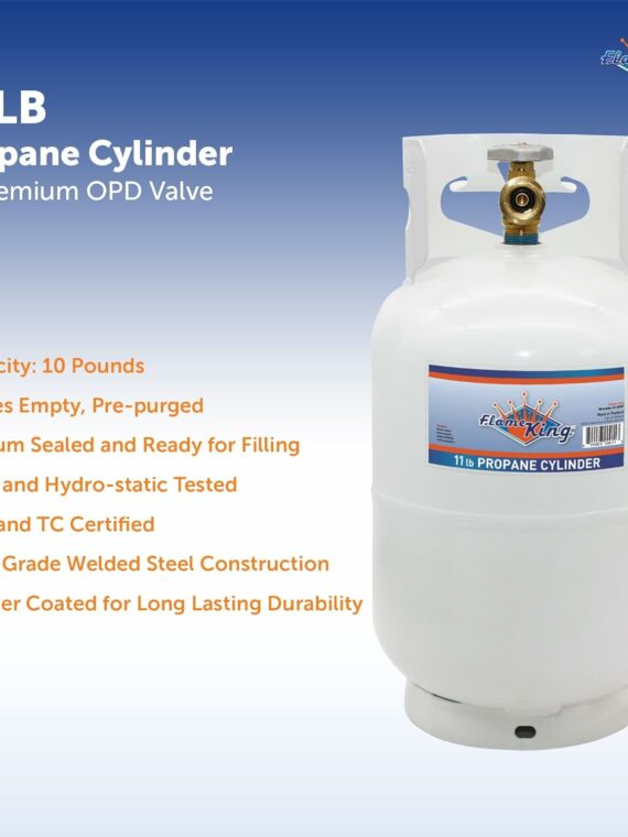 Flame King 10LB Steel Propane Tank Cylinder with Type 1 Overflow Protection Device Valve  Great for Camping  Fire Pits  Heaters  Grills  Overlanding  White