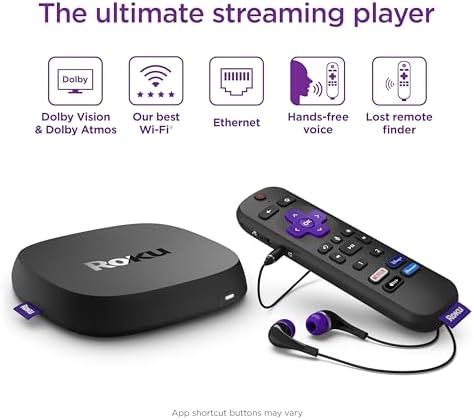 2025 Roku Ultra | The Ultimate Streaming Device 4K/HDR/Dolby Vision/Atmos  Rechargeable Roku Voice Remote Pro  Ethernet Port  Hands-Free Controls  Lost Remote Finder  Free & Live TV