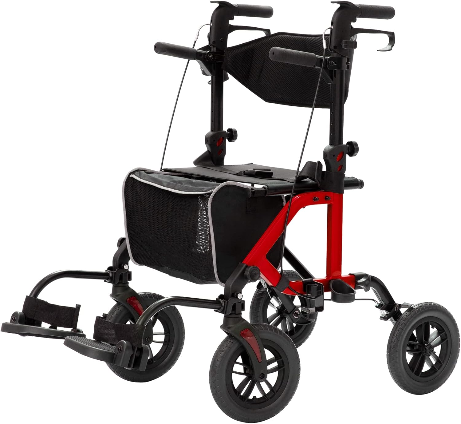 All-Terrain 2 in 1 Rollator Walker & Transport Chair, Folding Wheelchair with 10” Non-Pneumatic Wheels for Seniors, Reversible Backrest & Detachable Footrests, Blue – Red