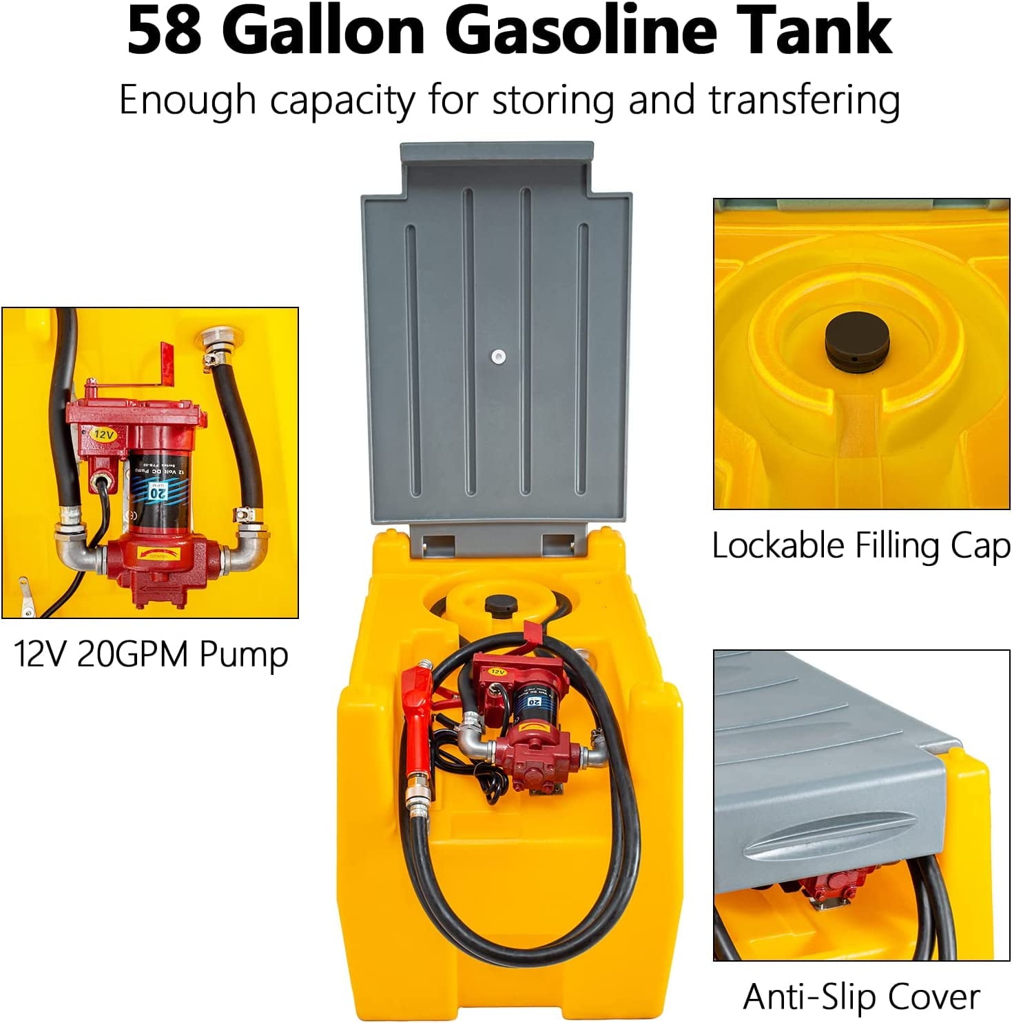 2026 TECSPACE 58 Gallon Gasoline Tank, Portable Fuel Tank with 12V Electric Fuel Transfer Pump, 40 GPM Gasoline Fuel Tank with 4 Meters Hose for Gasoline Transportation (Yellow, 58 gal)