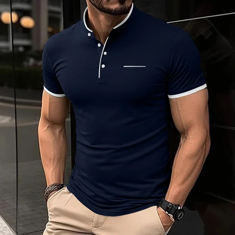 Men's Casual and Fashionable Solid Color Short Sleeved Stand Up Collar T-shirt Summer Versatile and Comfortable Top