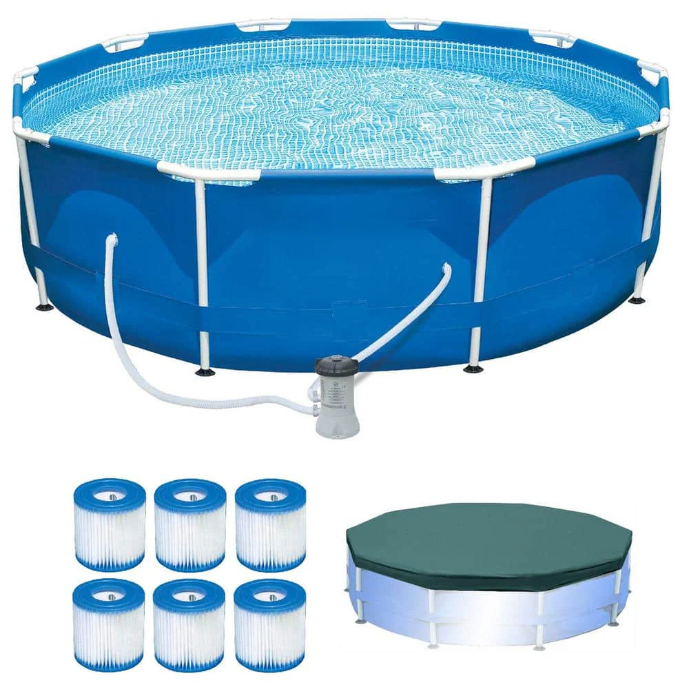 10 ft. x 10 ft. Round 30 in. Deep Metal Frame Pool w/ Pump & Type H Filters (6 Pack) & 10′ Round Pool Cover 6 x 29007E + 28201EH + 28030E