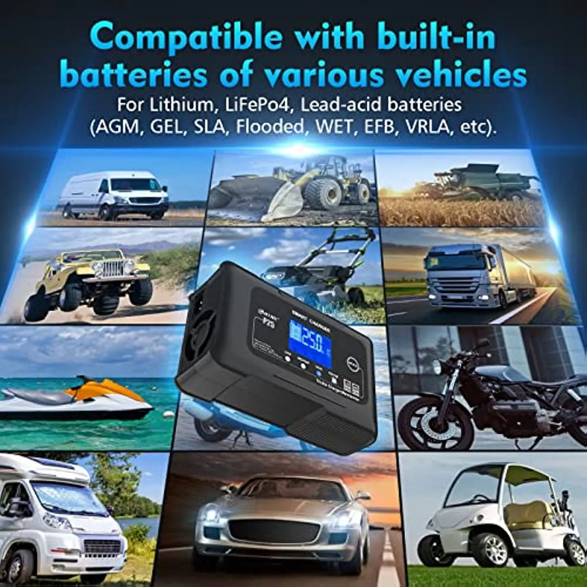 2026 25-Amp Smart Battery Charger,Lithium,LiFePO4,Lead-Acid AGM/Gel/SLA.. Car Battery Charger,Trickle Charger, Maintainer/deep Cycle Charger,12V/25A and 24V/13A,for Motorcy,Boat,Lawn Mower,Golf cart..