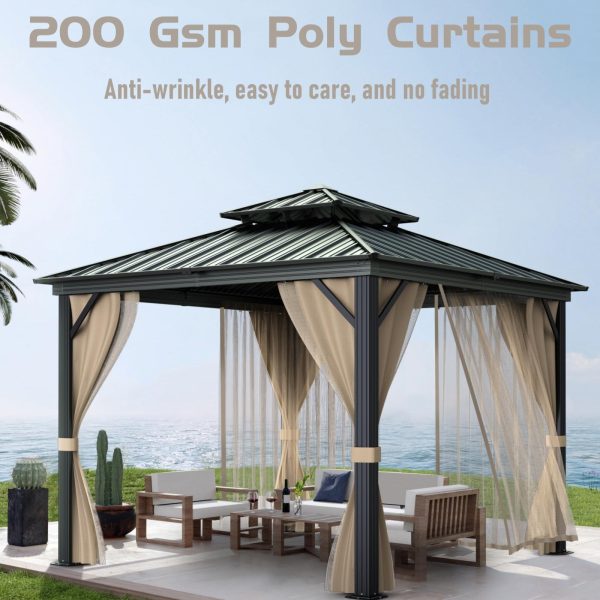 2026 10’x10′ Hardtop Gazebo with double metal roof, aluminum frame, net, and curtain. All-weather, ideal for patio, deck, garden, backyard. Khaki.