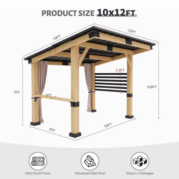 2026 [10x12FT] Heavy Duty Premium Outdoor All-Season Wooden Cedar Hardtop Gazebo With Metal Roof & Back Curtains (SAK57184)