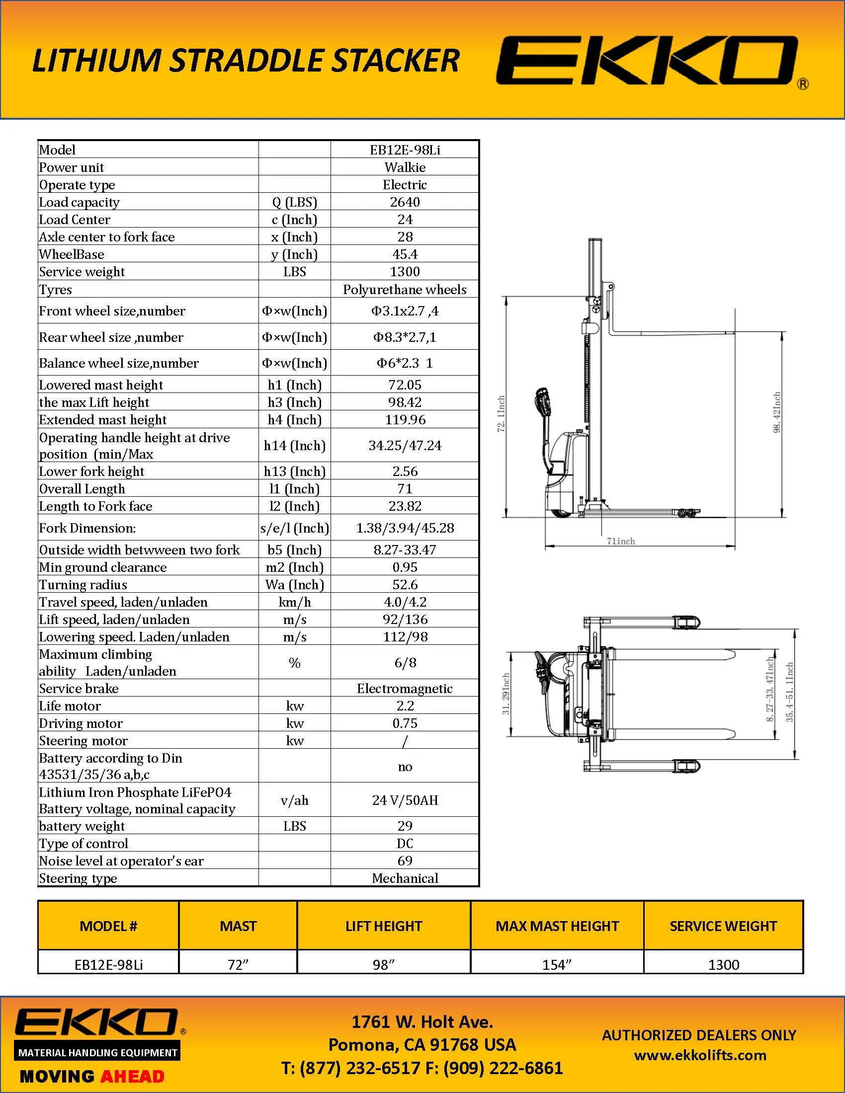 2026 EKKO EB12E-98Li Lithium Straddle Stacker - 2640lb Capacity