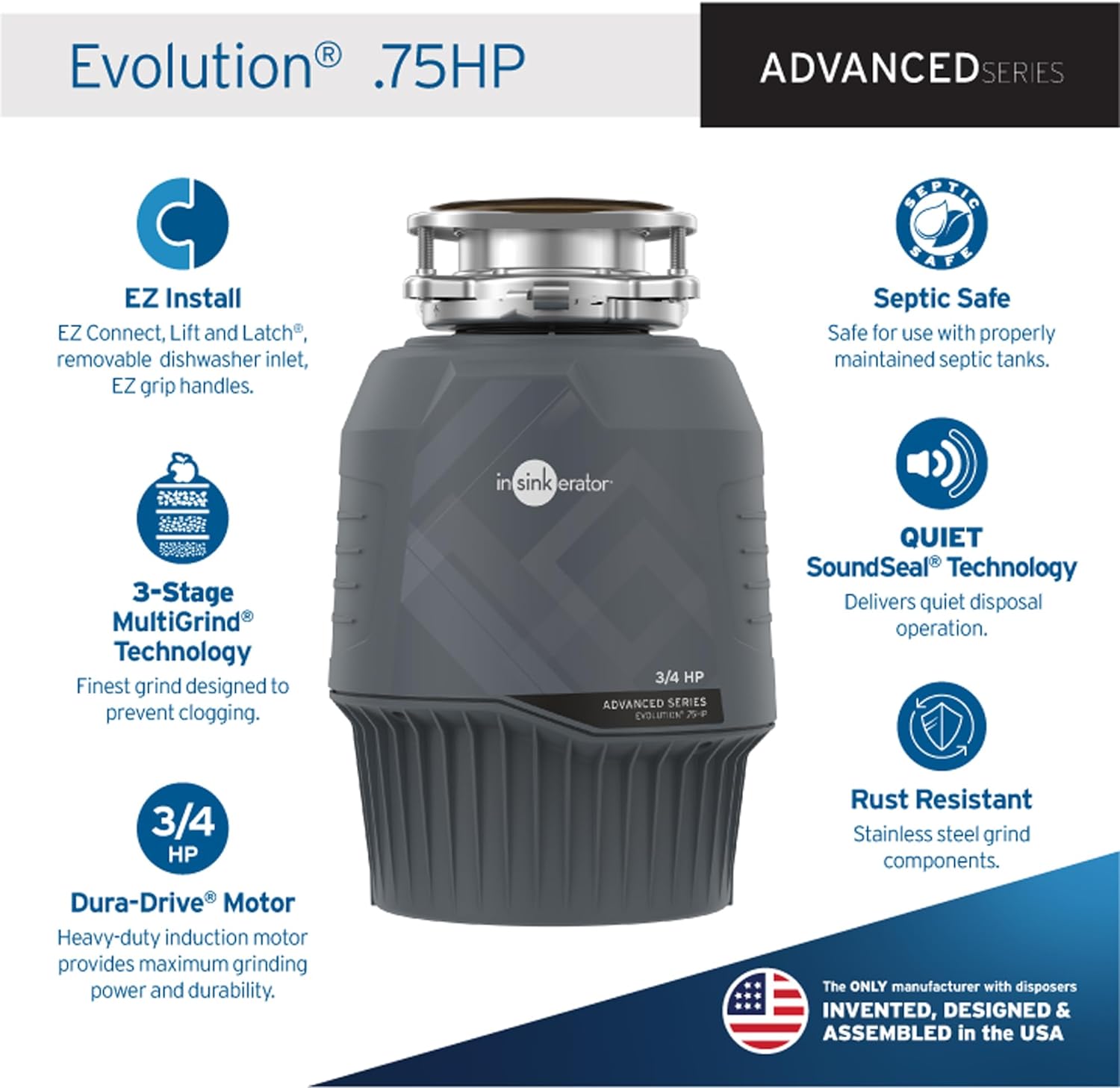 EVOLUTION 0.75HP 3/4 HP, Advanced Series EZ Connect Continuous Feed Food Waste Garbage Disposal, Gray – Advanced Series with EZ Connect