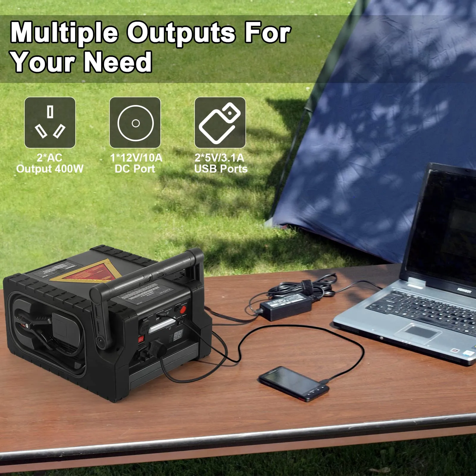 2026 ZD-529 Solar Portable Power Station 2000 Amps Jump Starter, 260 PSI Air Compressor, 12V Car Battery Charger with 400W Inverter Dual AC/DC/USB Output, Emergency Backup Power with Flashlights