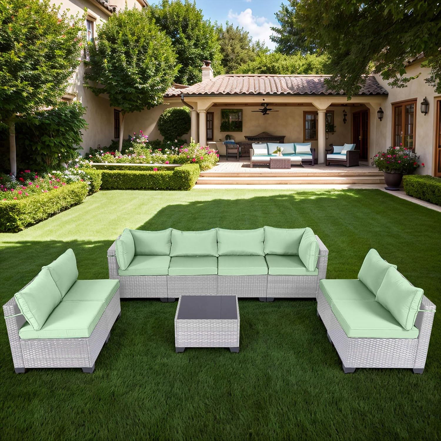 7 Pieces Rattan Patio Furniture Set with Tea Table