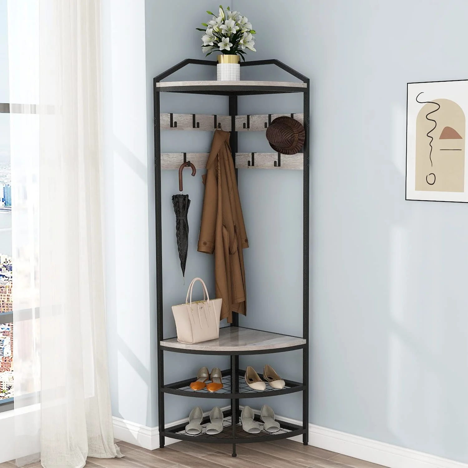 2026 DONFU Grey Corner Hall Tree with Shoe Bench Entryway Coat Rack with 10 Metal Movable Hooks Rustic Farmhouse Freestanding Clothes Rack Shoes Shelf Organizer for Home Office Bedroom (Greige)