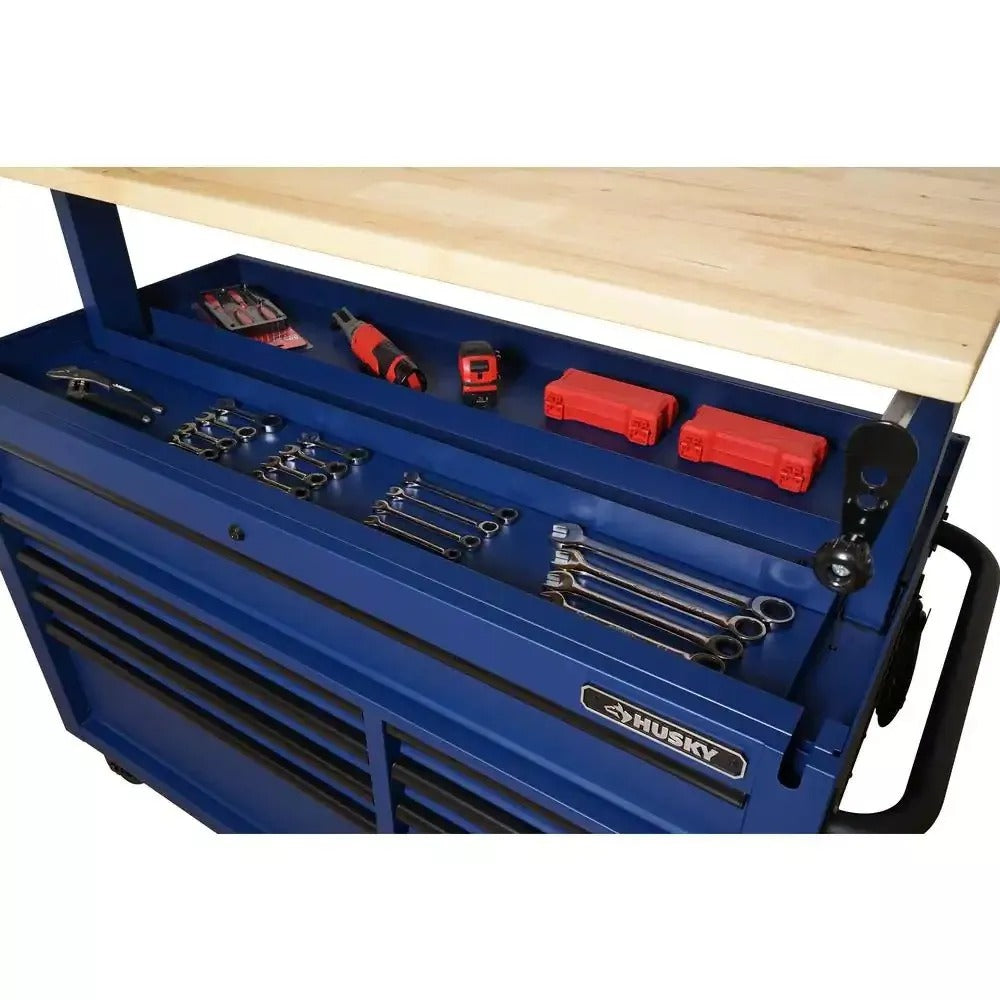 2026 Heavy-Duty 52 in. 9-Drawer Mobile Workbench with Adjustable-Height Solid Wood Top in Matte Blue