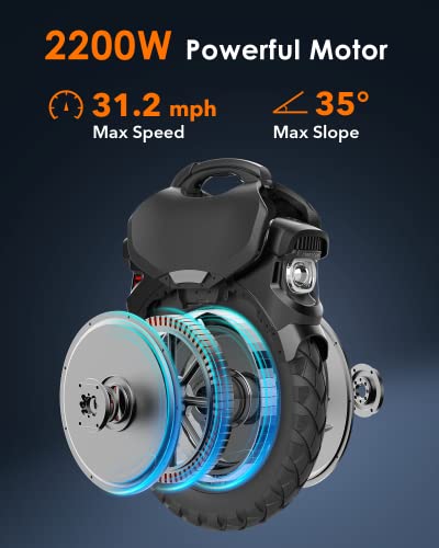 Electric Unicycle, 18′′ Self-Balancing with 3.35′′ Air Suspension, 75-Mile Range, 34 MPH Speed