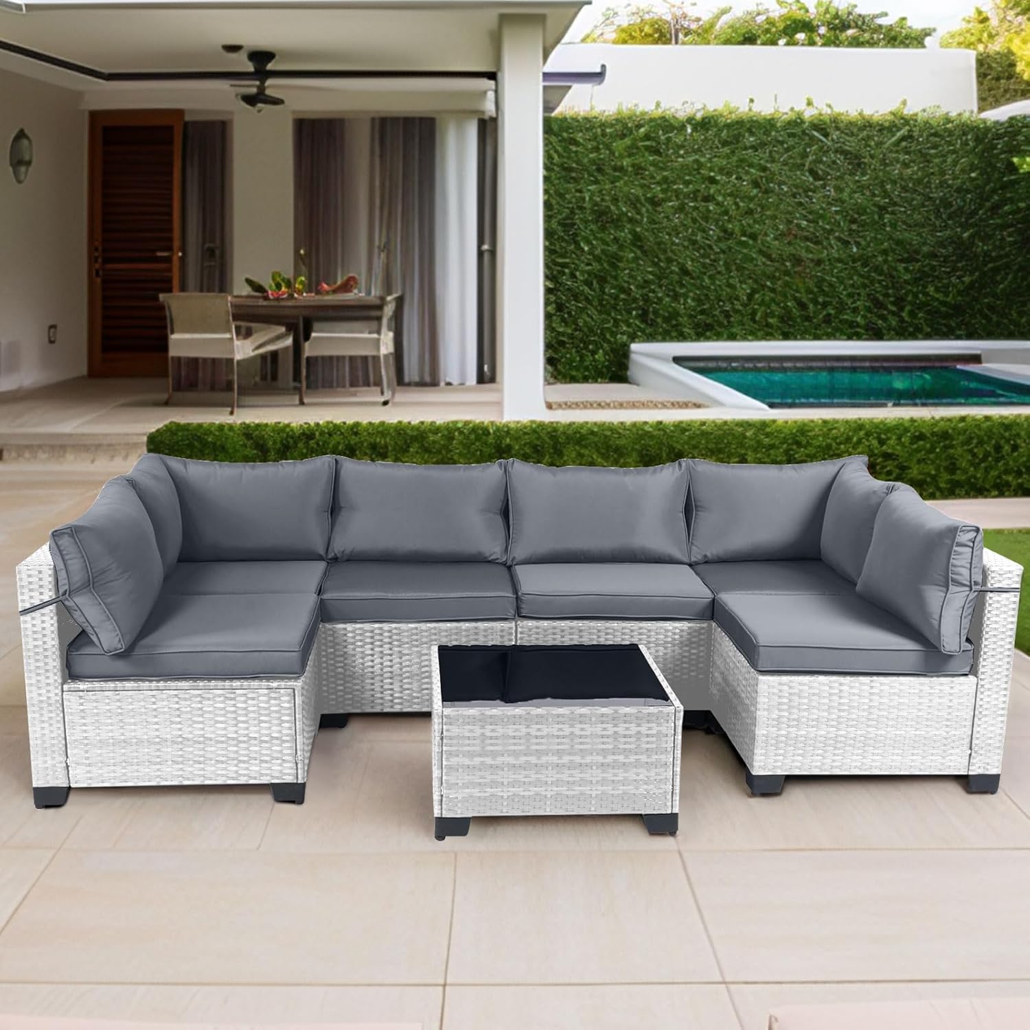 7 Pieces Rattan Patio Furniture Set with Tea Table