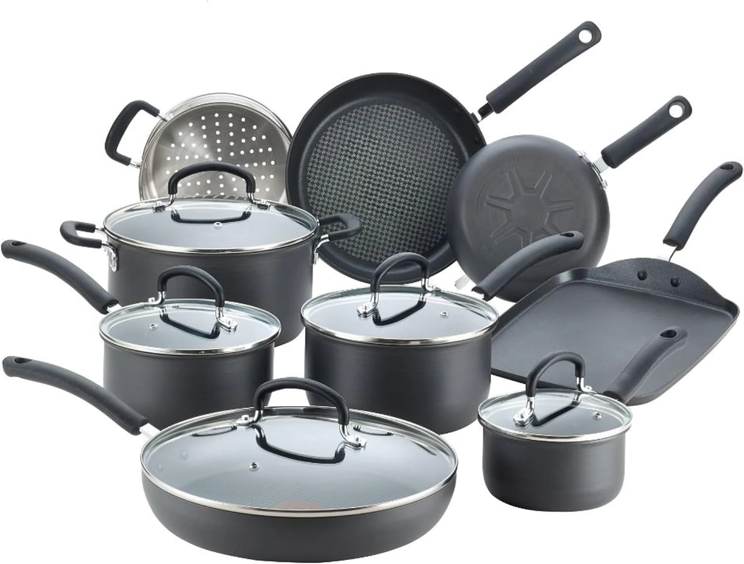 Ultimate Hard Anodized Nonstick Cookware Set 17 Piece, Oven Broiler Safe 400F, Lid Safe 350F, Kitchen Cooking Set w/Fry Pans, Saucepans, Saute Pan, Griddle, Pots and Pans, Dishwasher Safe Black