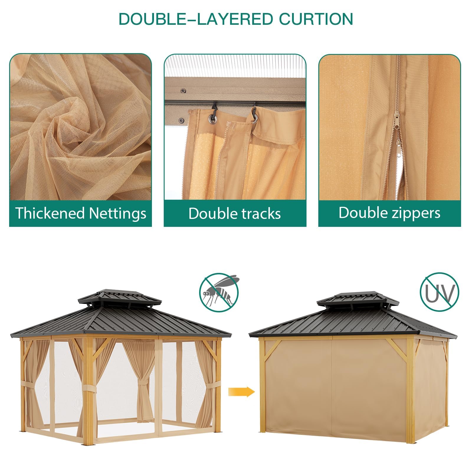 2026 10X13 FT Outdoor Galvanised Steel Hardtop Gazebo, Heavy Duty Double Roof Outdoor Gazebo with Netting and Sunshade Curtains, Aluminium Framed Gazebo for Patio, Terrace, Lawn and Deck, Khaki