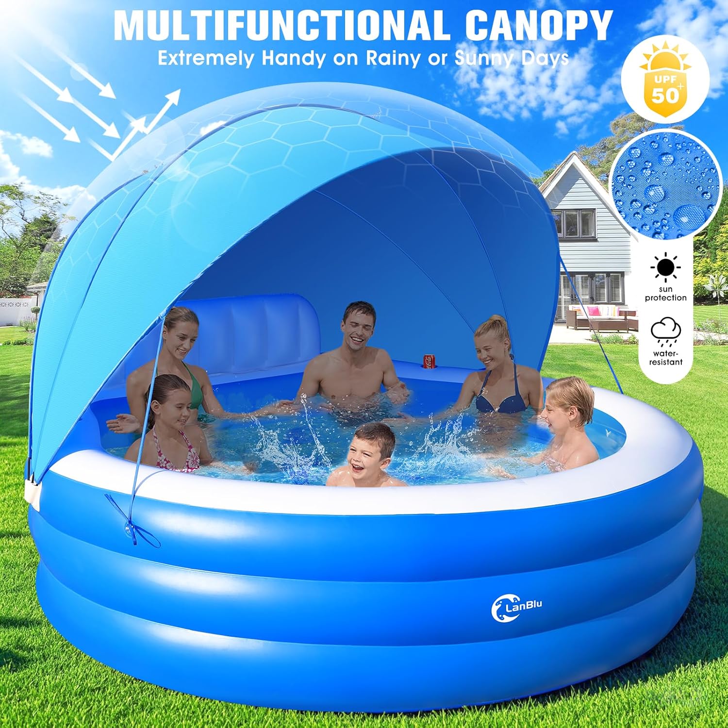2025 Upgraded Inflatable Pool with Canopy, Inflatable Family Lounge Pool, Round Blow Up Pool for Adult with Bench & Backrest, Swim Center Easy Backyard Pools for Kids & Adults, 92′′x92′′x26′′, Blue