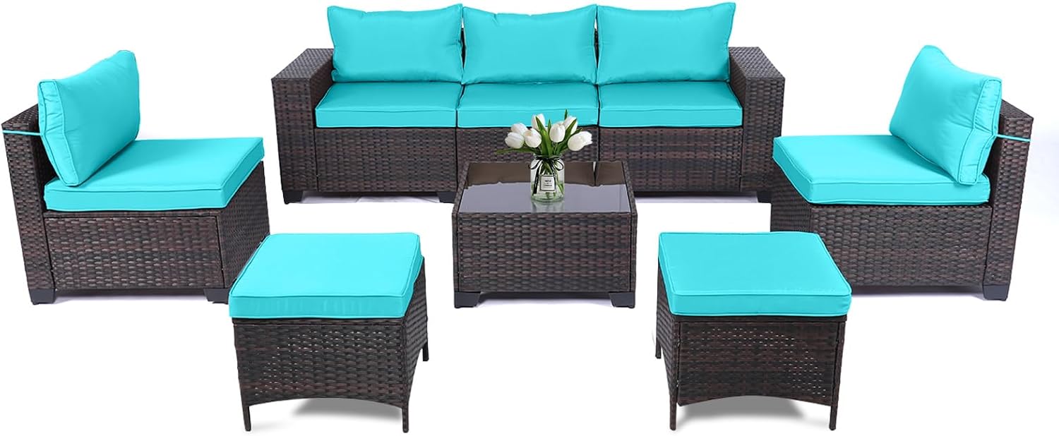 7 Pieces Rattan Patio Furniture Set with Tea Table